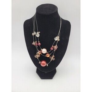 Chico's 3 Strand Wire Silver Tone Bronze Brown Beige Floating Bead Necklace 21"